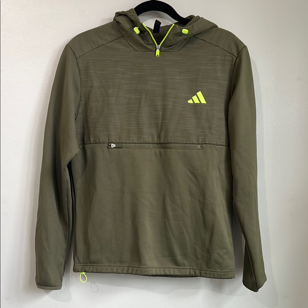 Adidas Olive Green Hoodie with Neon Accents
